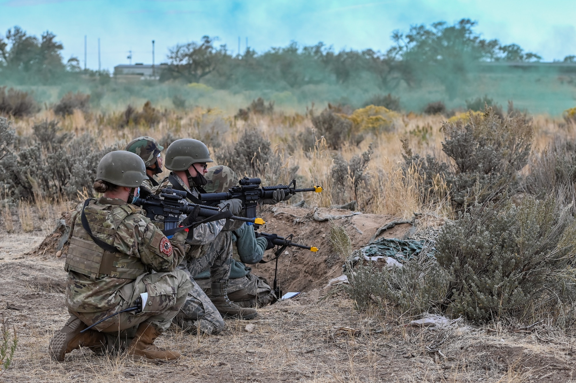 Airmen help set up a defensive perimeter during a Deployment Initial Readiness Training, or DIRT, exercise Oct. 22, 2020, at Hill Air Force Base, Utah. Airmen from 729th ACS, along with their sister unit 726th ACS, participated in the 48-hour training exercise where they were taught deployment readiness skills. (U.S. Air Force photo by Cynthia Griggs)