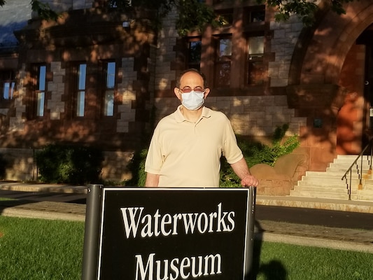 Dr. Igor Linkov, U.S Army Engineer Research and Development Center’s Risk and Decision Science Team lead, wears an example of the protective masks being used in the COVID-19 pandemic.