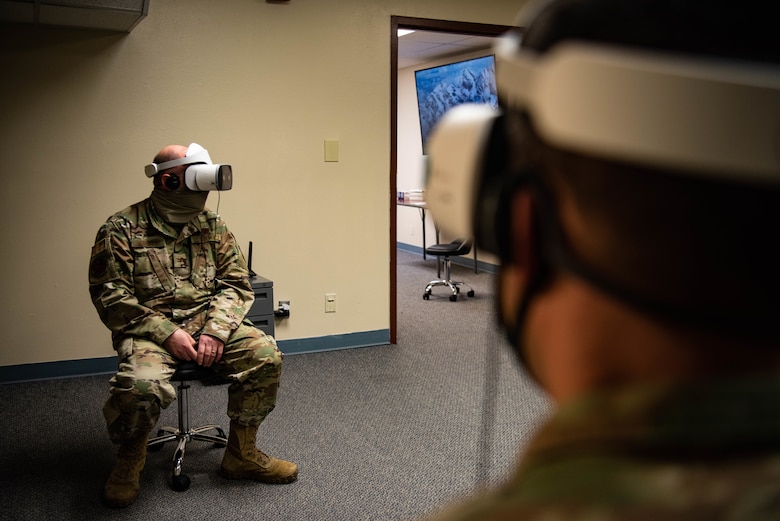 U.S. Air force Col. Richard A. Goodman, 366th Fighter Wing Commander and U.S. Air Force Col. Jeffery A. Burdette, 366th Fighter Wing Chief of Staff, test the VR headsets on Mountain Home Air Force Base, ID, Nov. 5, 2020. This program is focused on developing training videos for new Airmen who need to learn the basics of launching, recovering and refueling an aircraft. (U.S. Air Force photo by Airman 1st Class Cheyenne Bassham)