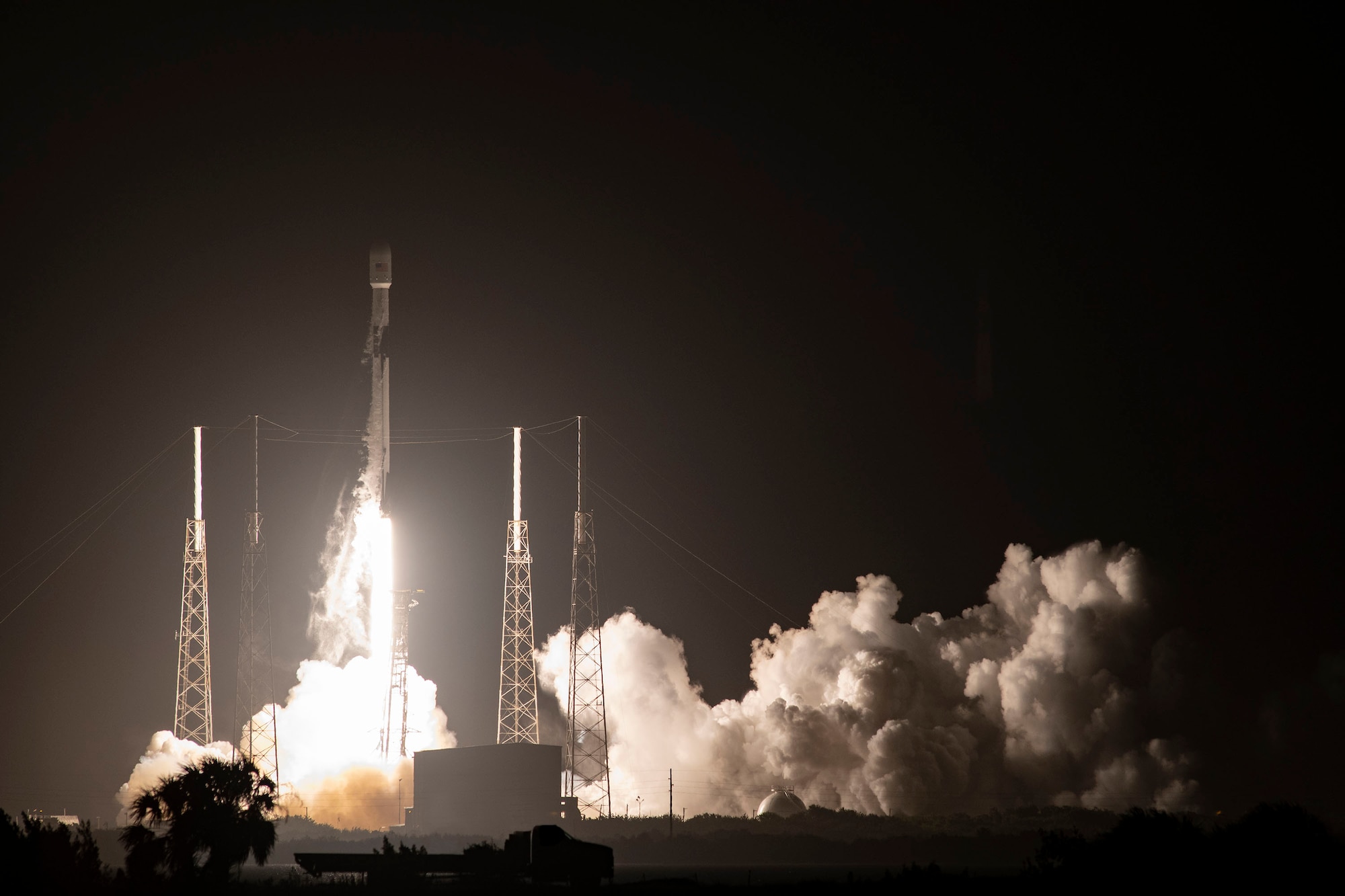 A Falcon 9 carrying GPS III SV04 lifts off from Cape Canaveral Air Force Station, Florida, Nov 5.  The fourth GPS III satellite, it will join the 31 operational satellites currently orbiting the Earth. GPS III brings new capabilities to users, including three times greater accuracy and up to eight times improved anti-jamming capabilities. (Photo courtesy of SpaceX)