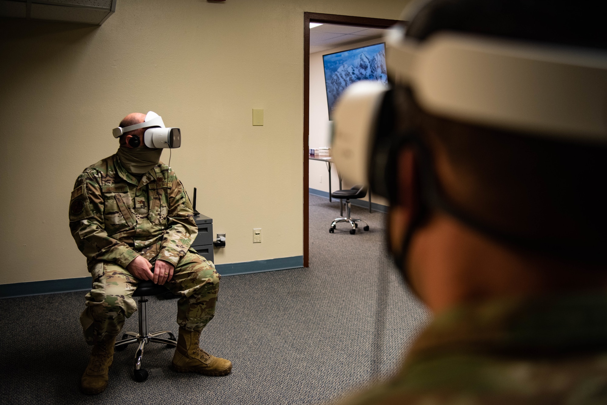 U.S. Air force Col. Richard A. Goodman, 366th Fighter Wing Commander and U.S. Air Force Col. Jeffery A. Burdette, 366th Fighter Wing Chief of Staff, test the VR headsets on Mountain Home Air Force Base, ID, Nov. 5, 2020. This program is focused on developing training videos for new Airmen who need to learn the basics of launching, recovering and refueling an aircraft. (U.S. Air Force photo by Airman 1st Class Cheyenne Bassham)