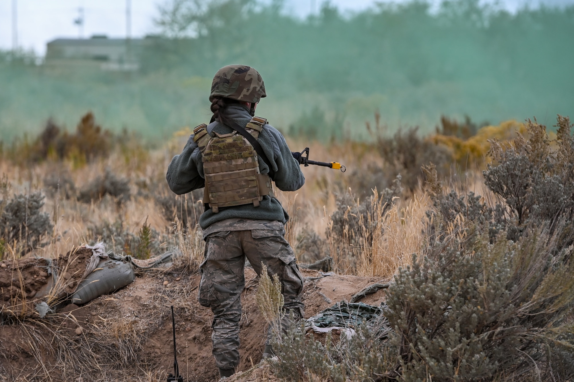 Airman 1st Class Stephanie Ferrara, 726th Air Control Squadron from Mountain Home, Idaho, helps set up a defensive perimeter during a Deployment Initial Readiness Training, or DIRT, exercise Oct. 22, 2020, at Hill Air Force Base, Utah. Airmen from 729th ACS, along with their sister unit 726th ACS, participated in the 48-hour training exercise where they were taught deployment readiness skills. (U.S. Air Force photo by Cynthia Griggs)