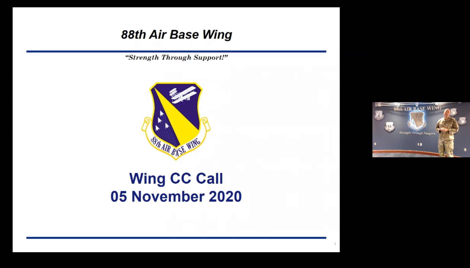 Col. Patrick Miller, 88th Air Base Wing commander, holds a virtual commander’s call Nov. 4 to inform Team Wright-Patt of current topics, issues of concern and answer questions directly from Airmen. U.S. Air Force photo/Christopher Warner