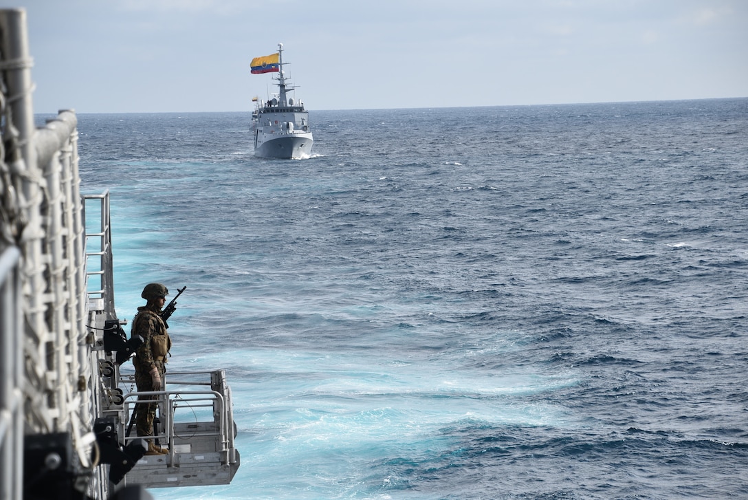 Naval ships from Ecuador, Colombia, Peru and the United States are underway in formation during a training exercise for UNITAS 21.