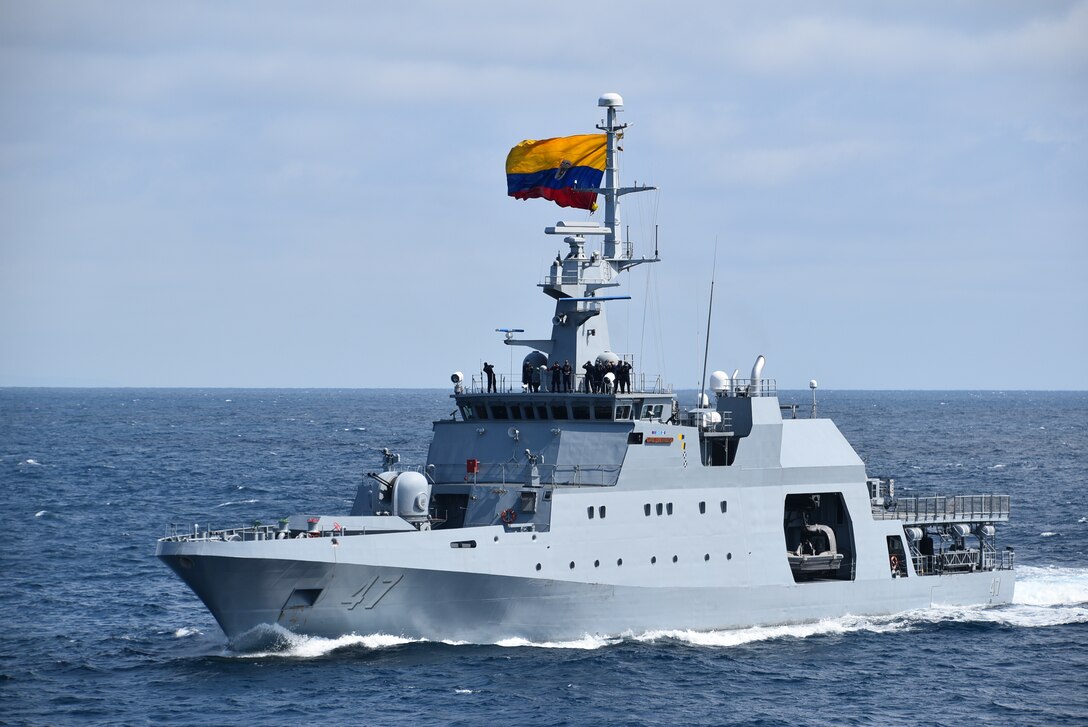 Naval ships from Ecuador, Colombia, Peru and the United States are underway in formation during a training exercise for UNITAS 21.