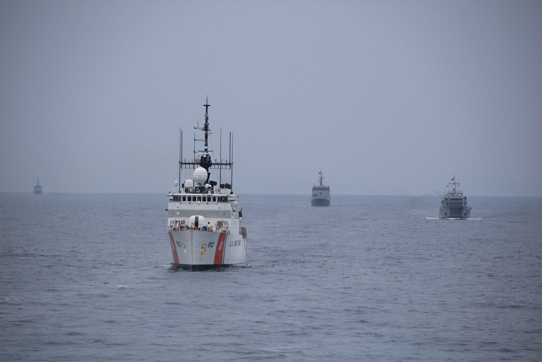 Naval ships from Ecuador, Colombia, Peru and the United States are underway in formation during a training exercise for UNITAS 21.