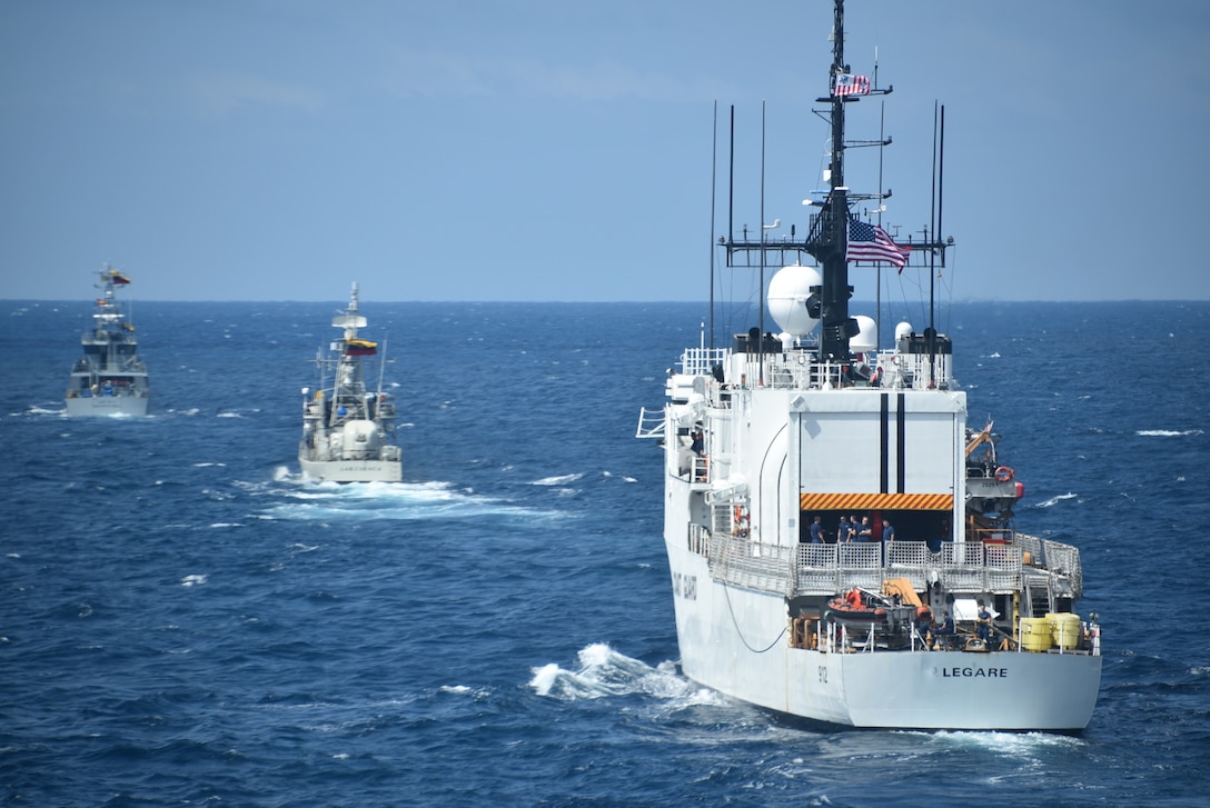 Naval ships from Ecuador, Colombia, Peru and the United States are underway in formation during a training exercise for UNITAS 21.