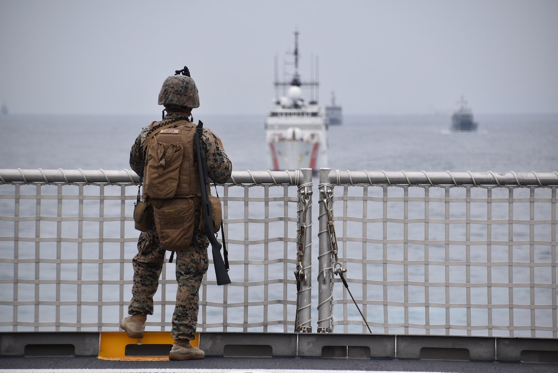 Naval ships from Ecuador, Colombia, Peru and the United States are underway in formation during a training exercise for UNITAS 21.