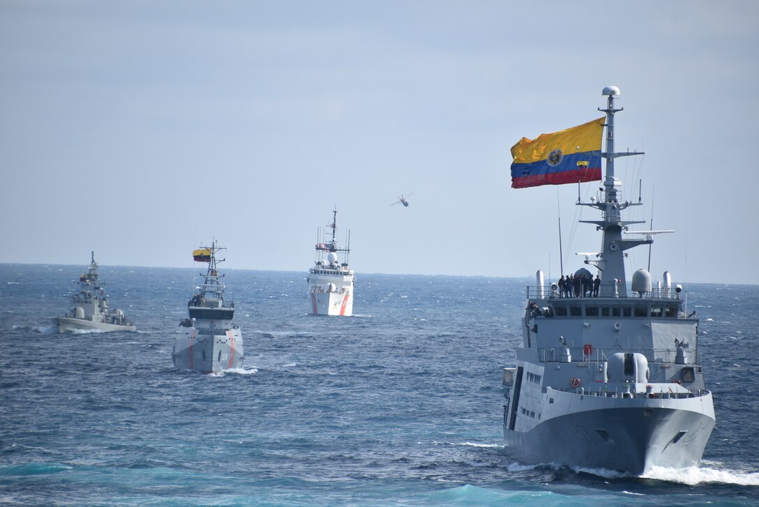 Naval ships from Ecuador, Colombia, Peru and the United States transit in formation during a training exercise for UNITAS LXI in Ecuador.