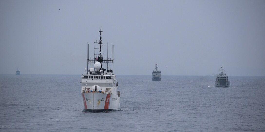Naval ships from Ecuador, Colombia, Peru and the United States conduct naval formations during a training exercise for UNITAS LXI in Ecuador, Nov. 4, 2020.