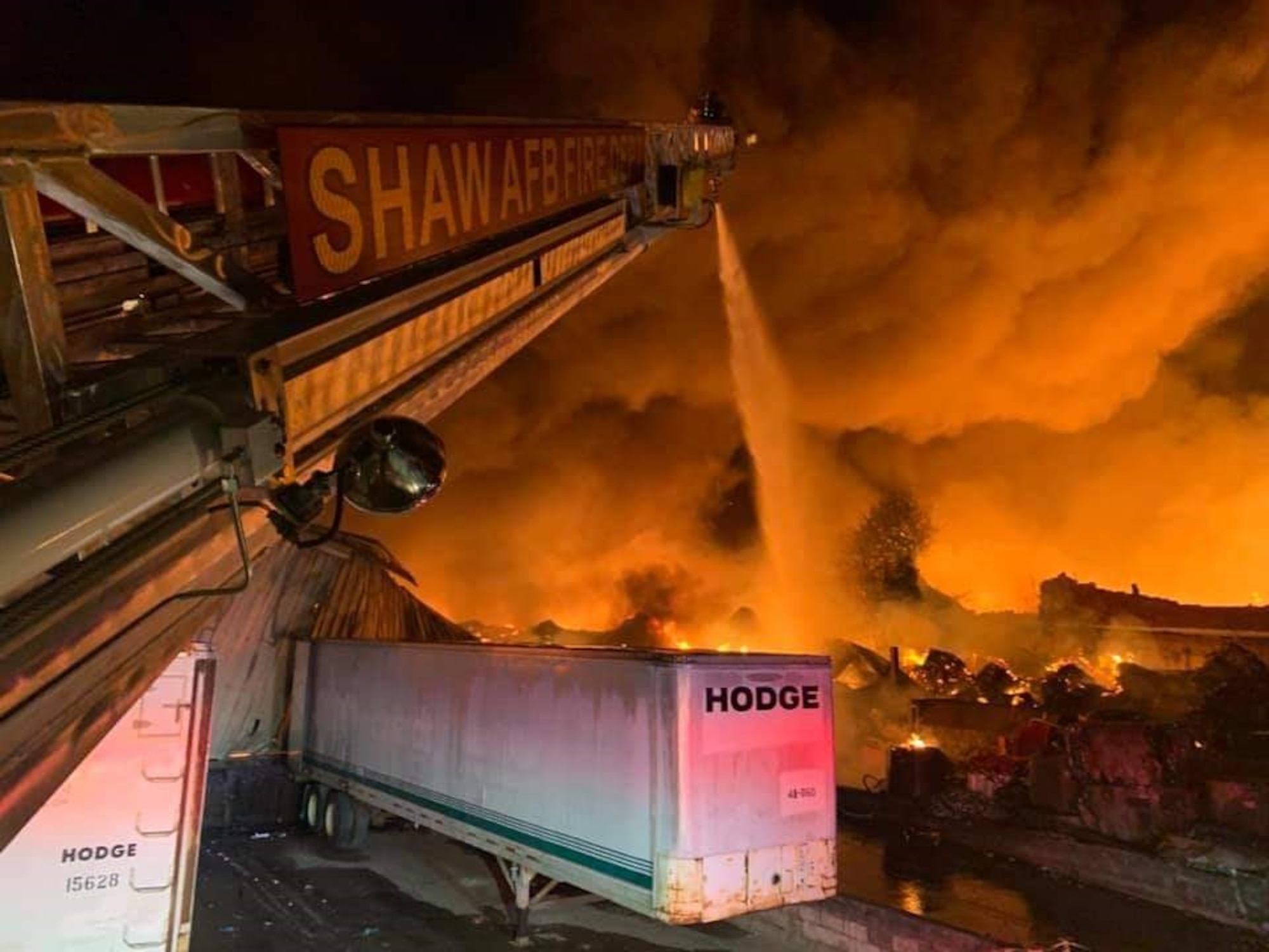 Photo of 20th Civil Engineer Squadron Fire Department putting out a fire in downtown Sumter South Carolina, oct. 27, 2020.