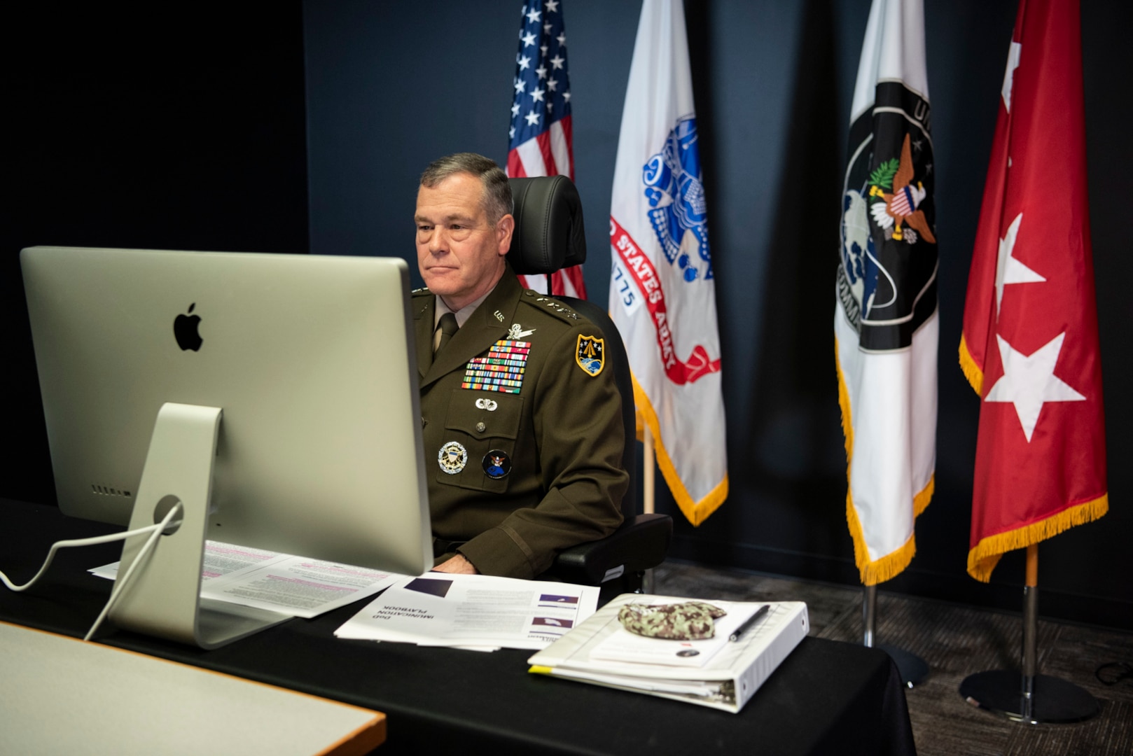 U.S. Army Gen. James H. Dickinson, USSPACECOM commander, participates in a virtual Space Symposium 365 event Nov. 5, 2020, at the combatant command's headquarters at Peterson Air Force Base, Colorado.