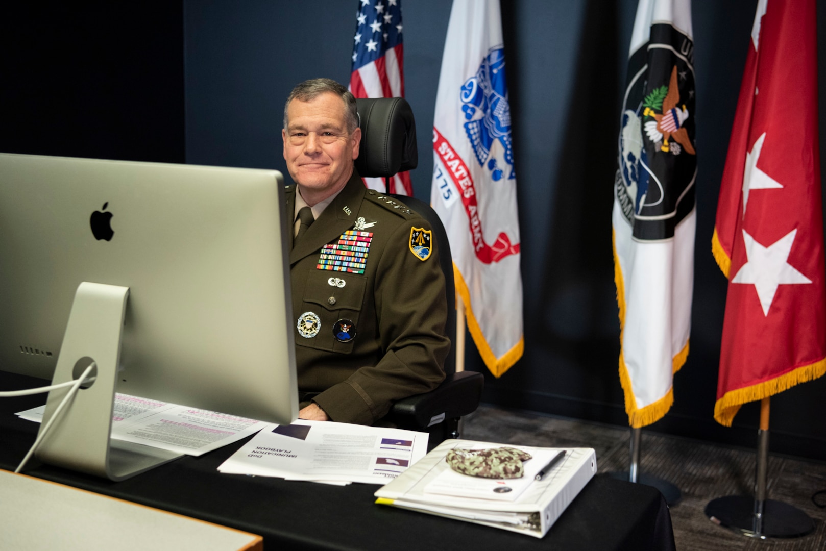 U.S. Army Gen. James H. Dickinson, USSPACECOM commander, participates in a virtual Space Symposium 365 event Nov. 5, 2020, at the combatant command's headquarters at Peterson Air Force Base, Colorado.