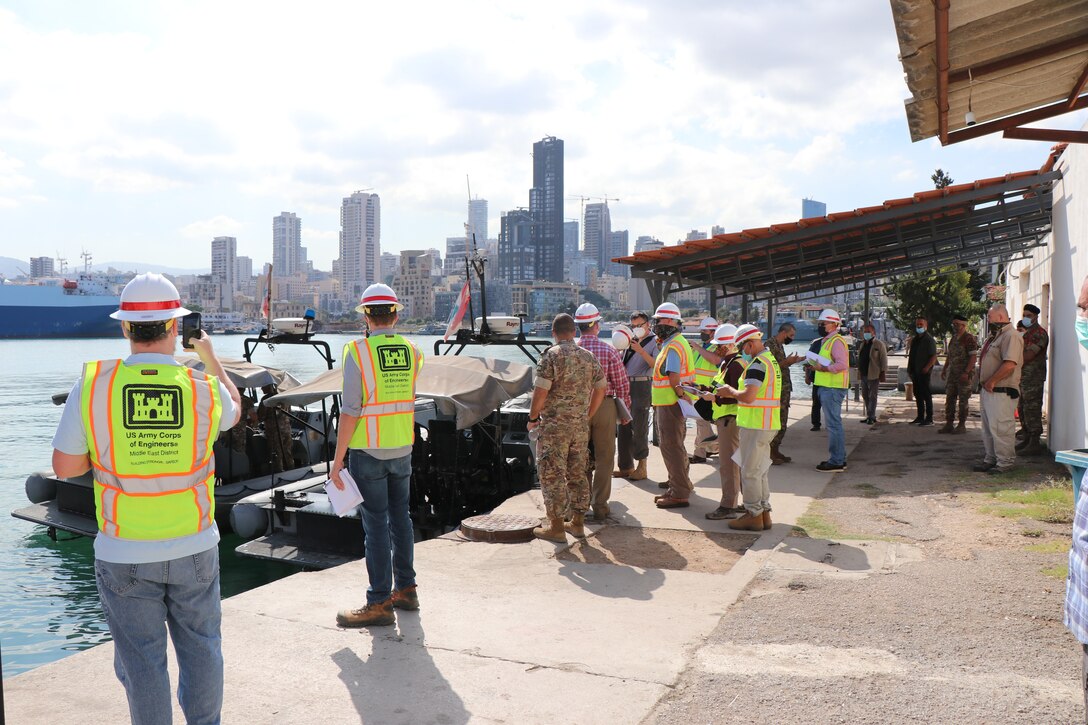 Engineers from the U.S. Army Corps of Engineers Middle East District and members of the Lebanese Armed Forces survey the port at Tripoli Naval Base during a visit in October 2020.