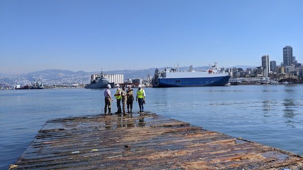 Engineers from the U.S. Army Corps of Engineers Middle East District and members of the Lebanese Armed Forces survey the port at Tripoli Naval Base during a visit in October 2020.