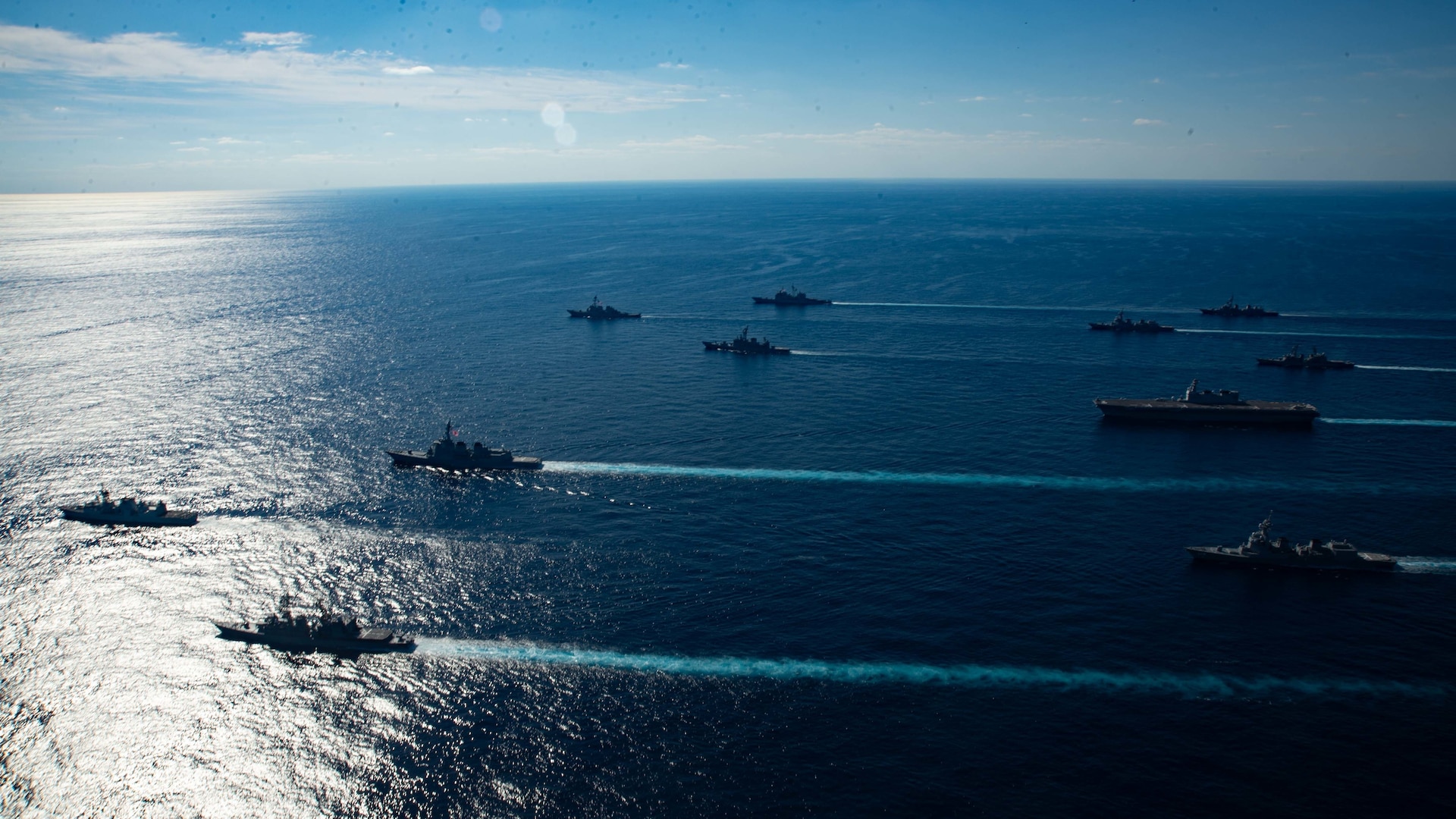 U.S. Navy ships assigned to the Ronald Reagan Carrier Strike Group joined ships of Japan Maritime Self-Defense Force (JMSDF) Escort Flotilla 1, Escort Flotilla 4, and the Royal Canadian Navy in formation during Keen Sword 21.