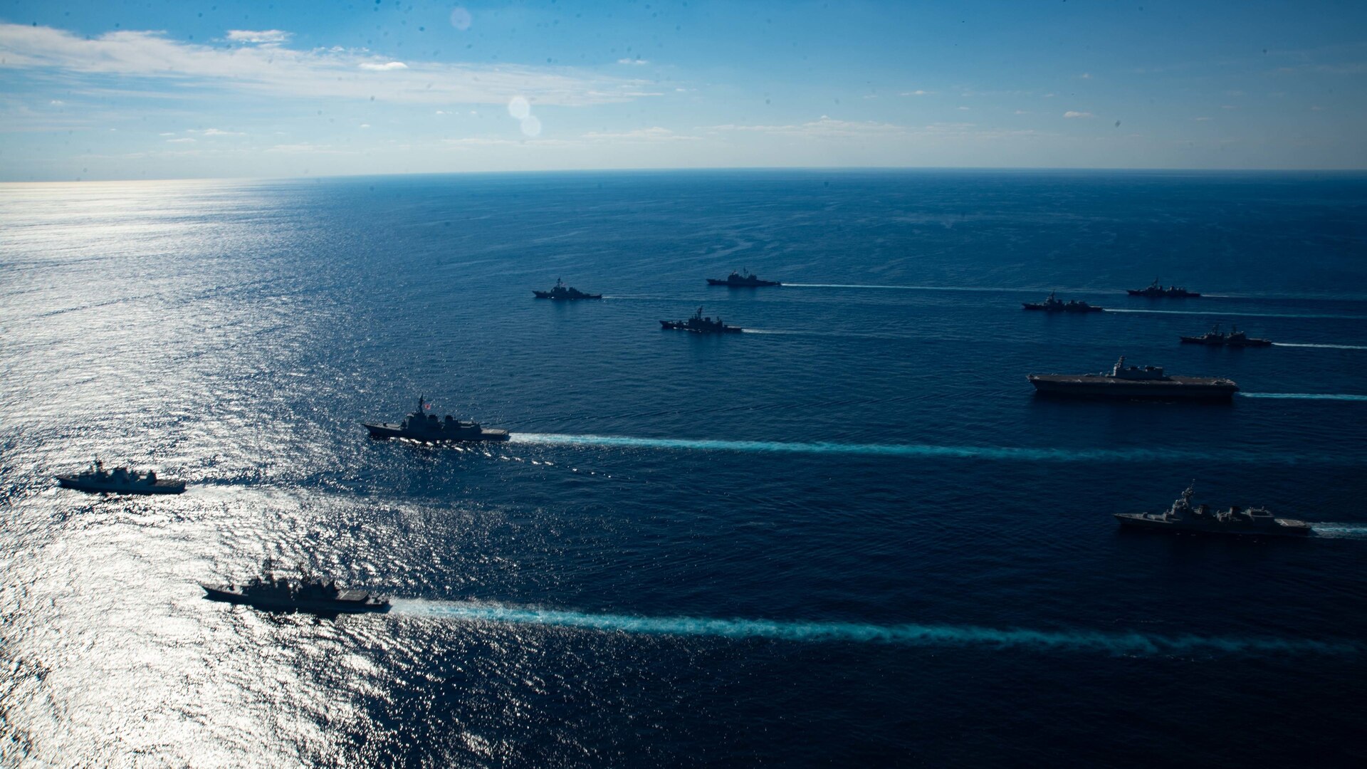 U.S. Navy ships assigned to the Ronald Reagan Carrier Strike Group joined ships of Japan Maritime Self-Defense Force (JMSDF) Escort Flotilla 1, Escort Flotilla 4, and the Royal Canadian Navy in formation during Keen Sword 21.