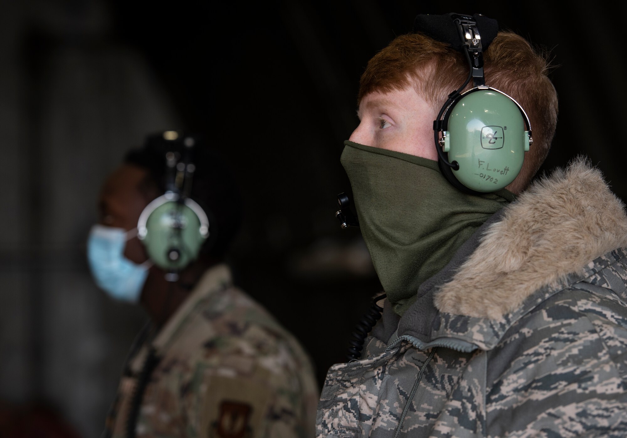 U.S. Air Force Airman 1st Class Forest Lovett, 748th Aircraft Maintenance Squadron Crew Chief, maintains visual communication with aircrew during pre-flight checks in support of exercise Crimson Warrior at Royal Air Force Lakenheath, England, Nov. 6, 2020. Multi-domain integration exercises like Crimson Warrior strengthen NATO interoperability and test high-end capabilities in a contested, degraded, and operationally limited environment. (U.S. Air Force photo by Airman 1st Class Jessi Monte)