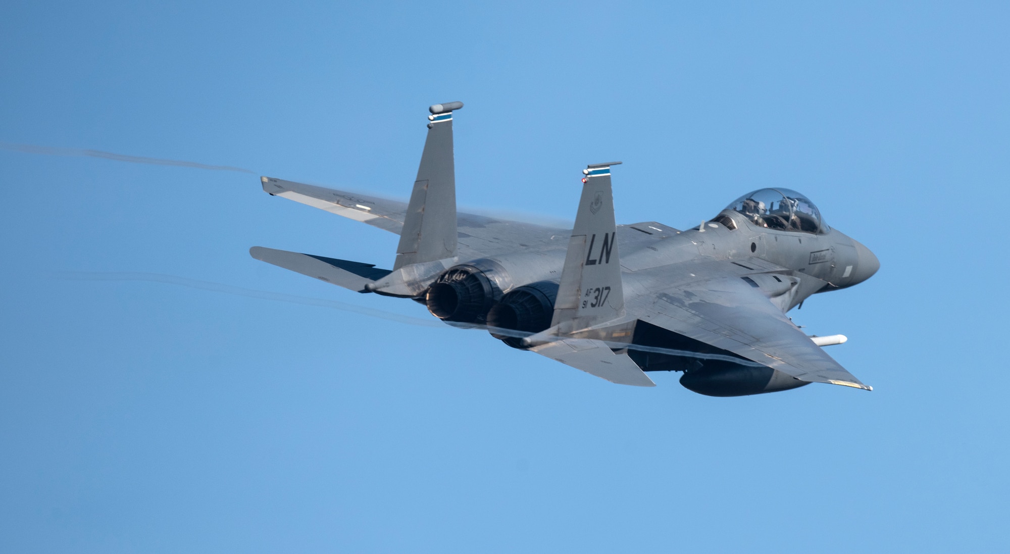 An F-15E Strike Eagle assigned to the 492nd Fighter Squadron takes off in support of exercise Crimson Warrior at Royal Air Force Lakenheath, England, Nov. 6, 2020. Multi-domain integration exercises like Crimson Warrior strengthen NATO interoperability and test high-end capabilities in a contested, degraded, and operationally limited environment. (U.S. Air Force photo by Airman 1st Class Jessi Monte)