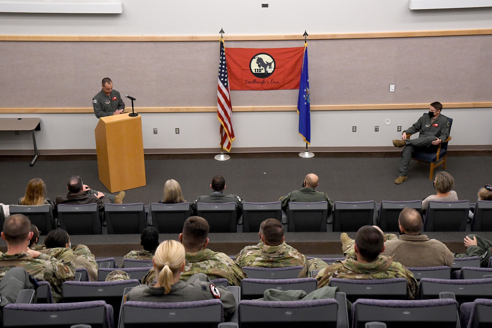 Lt. Col. Matthew Howard delivers his speech during his assumption of command ceremony for the 110th Bomb Squadron, Oct. 24, 2020, at The Technical Sergeant Luke C.A. Ford Auditorium on Whiteman Air Force Base, Mo. (U.S. Air National Guard photo by Staff Sgt. Joshua Colligan)