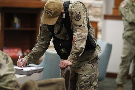 Photo: Oklahoma National Guard Capt. Aaron Dougherty, operations officer with the 63rd Civil Support Team, notates information in preparation of an upcoming mission in the Boone County Fire Protection District, Columbia, Missouri, Oct.26, 2020.

The 63rd Civil Support Team conducted a four-day joint training exercise to evaluate their response in supporting civil authorities at a domestic Chemical, Biological, Radiological, Nuclear, and High Yield Explosive (CBRNE) incident site. CBRNE agents advise on response measures and assist with appropriate requests for additional support. (Oklahoma Army National Guard Photo by Spc. Caleb Stone)