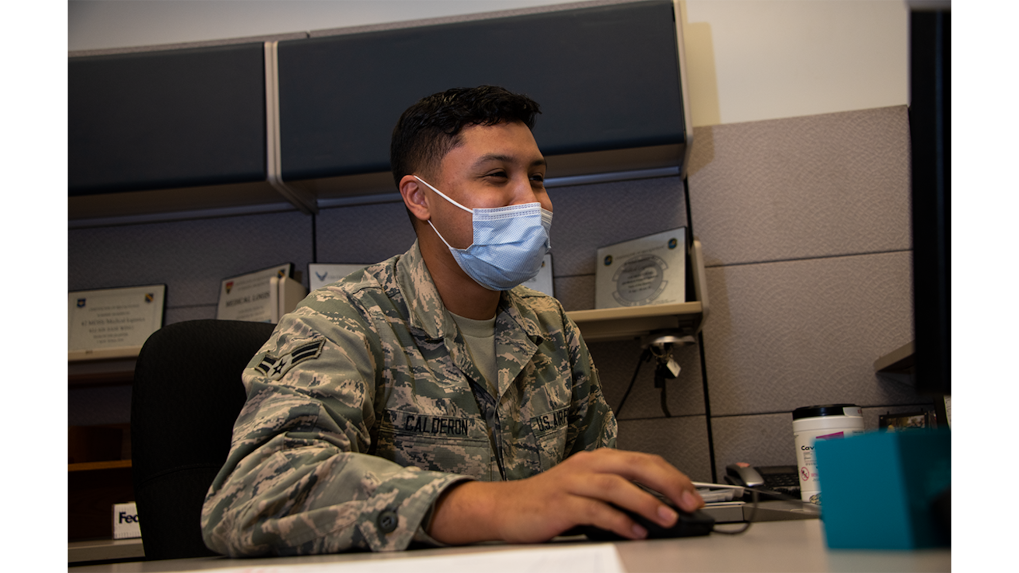 Airman 1st Class Yobanni Calderon, 42nd Medical Materiel professional, is recognized in honor of 4A Appreciation Week here, November, 6, 2020. 4A Appreciation Week gives thanks to healthcare administration Airmen. The medical squadron held events on base all week to pay tribute to the hardworking healthcare administrators who have been working tirelessly throughout the COVID-19 pandemic.(U.S. Air Force photo by Airman 1st Class Jackson Manske.)