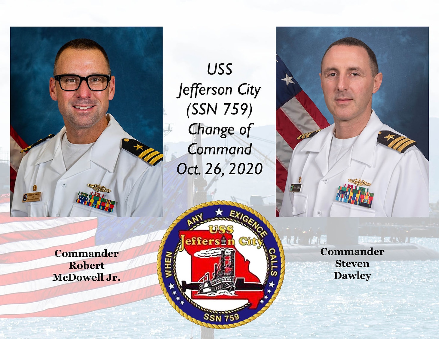 A graphic depicting the incoming and outgoing commanding officers for USS Jefferson City (SSN 759).