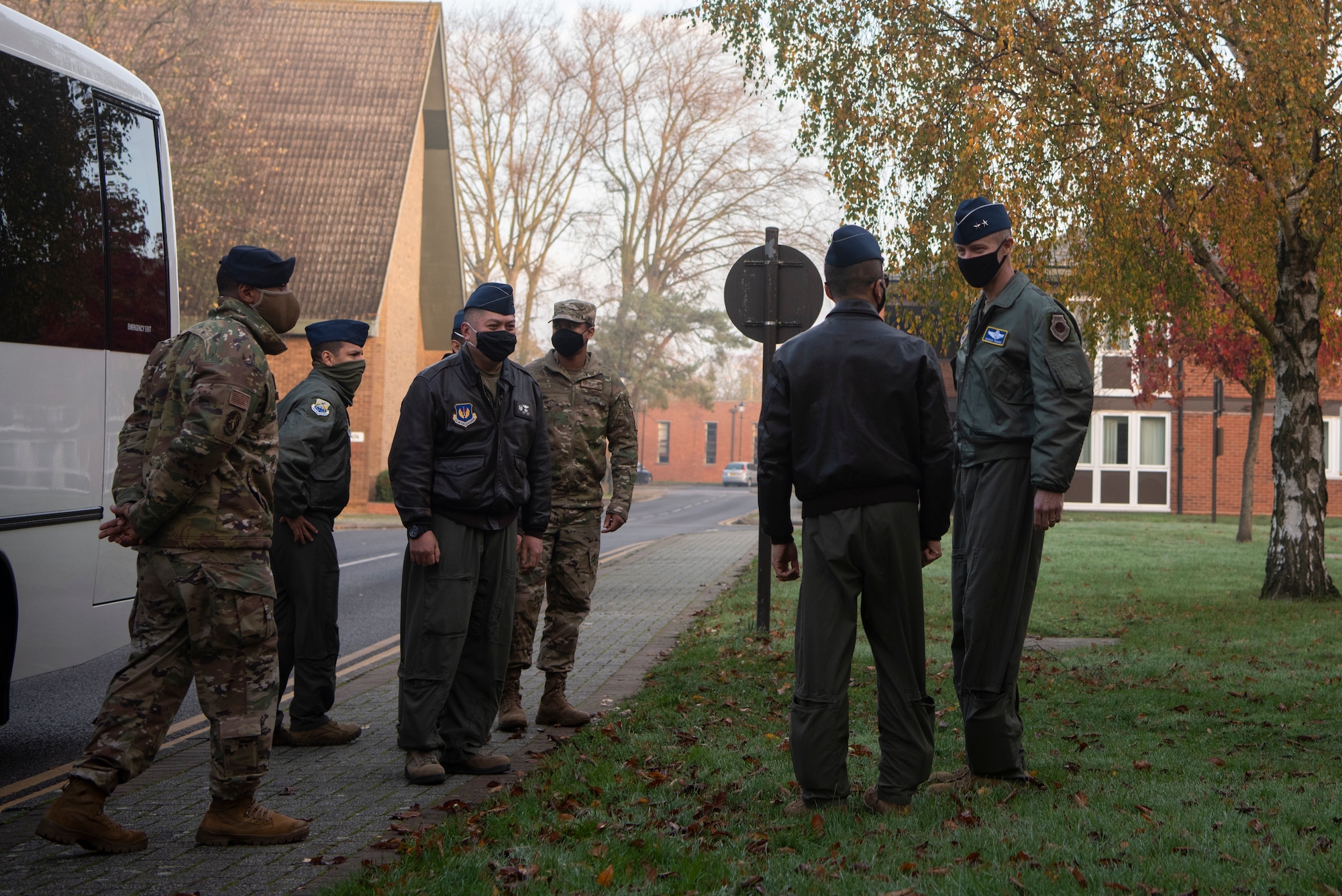 U.S. Air Force Maj. Gen. Derek France, U.S. Air Forces in Europe and Air Forces Africa director of operations, strategic deterrence and nuclear integration, meets various 100th Air Refueling Wing leaders upon arrival at Royal Air Force Mildenhall, England, Nov. 5, 2020. France visited the installation as part of a site tour of bases in the United Kingdom. (U.S. Air Force photo by Airman 1st Class Joseph Barron)