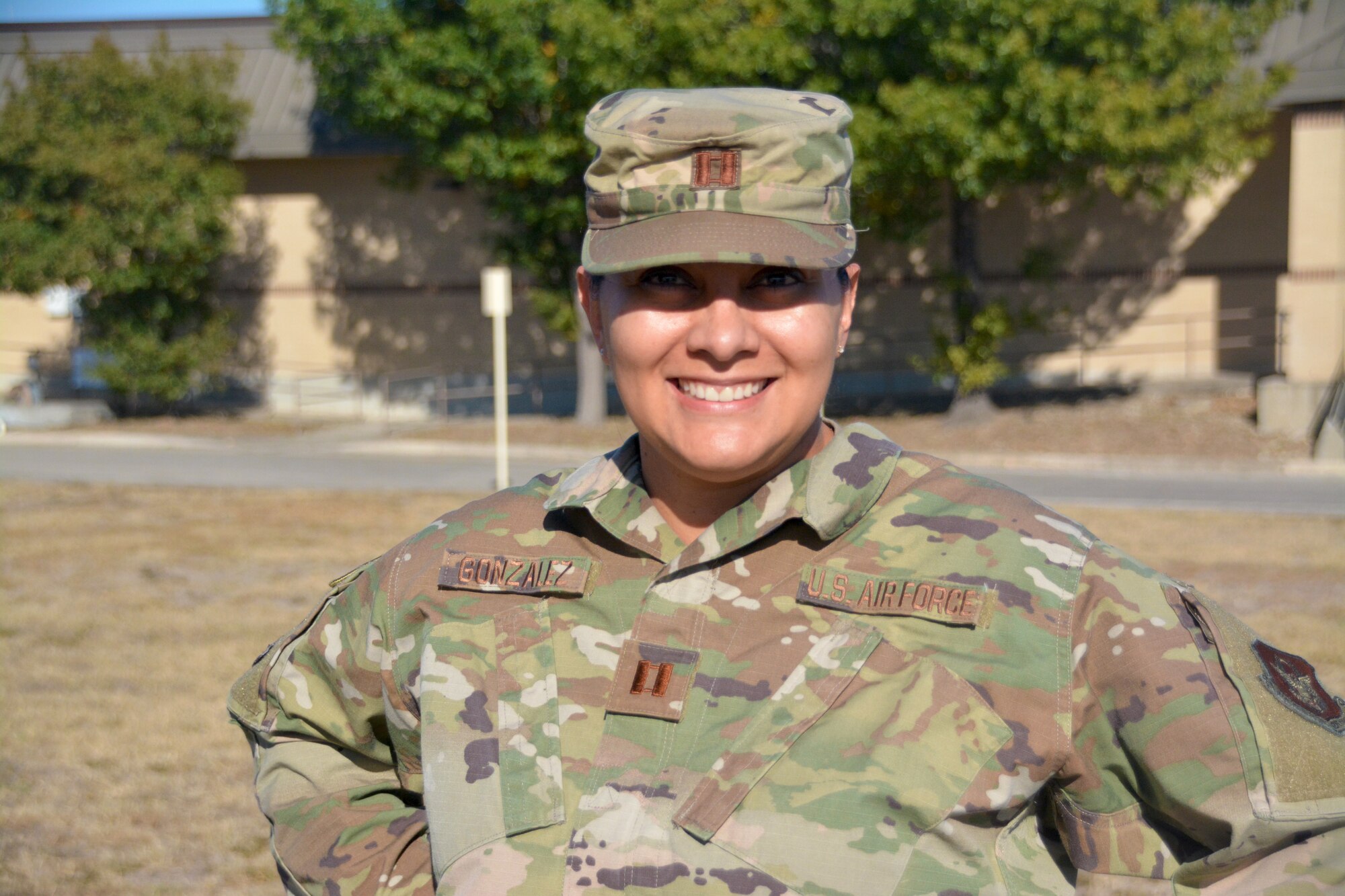 Capt. Jamillah Gonzalez, 960th Cyberspace Wing executive officer, stands for a photograph Nov. 5, 2020, at Joint Base San Antonio-Chapman Training Annex, Texas. (U.S. Air Force photo by Samantha Mathison)