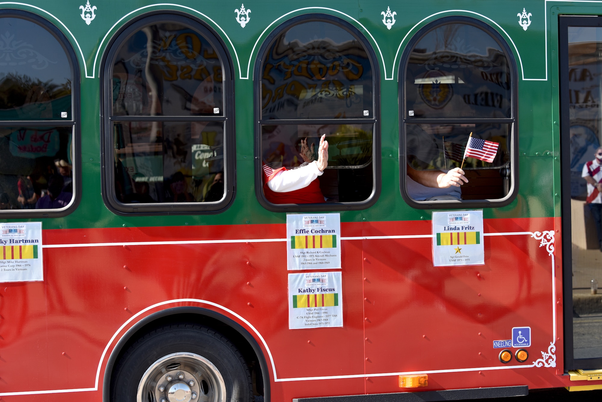 The San Angelo trolley drives Vietnam Veterans through downtown San Angelo during the Veterans Day Parade on Nov. 7, 2020. This year’s theme for the parade was “Welcome Home Vietnam Veterans,” to honor those who may not have received a warm welcoming when returning from combat.