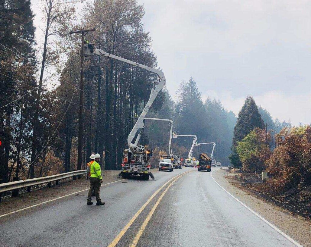 Following the Holiday Farm wildfire, linemen take down power lines so fallers can go in and remove hazardous trees and limbs without causing extra damage to the lines or poles.