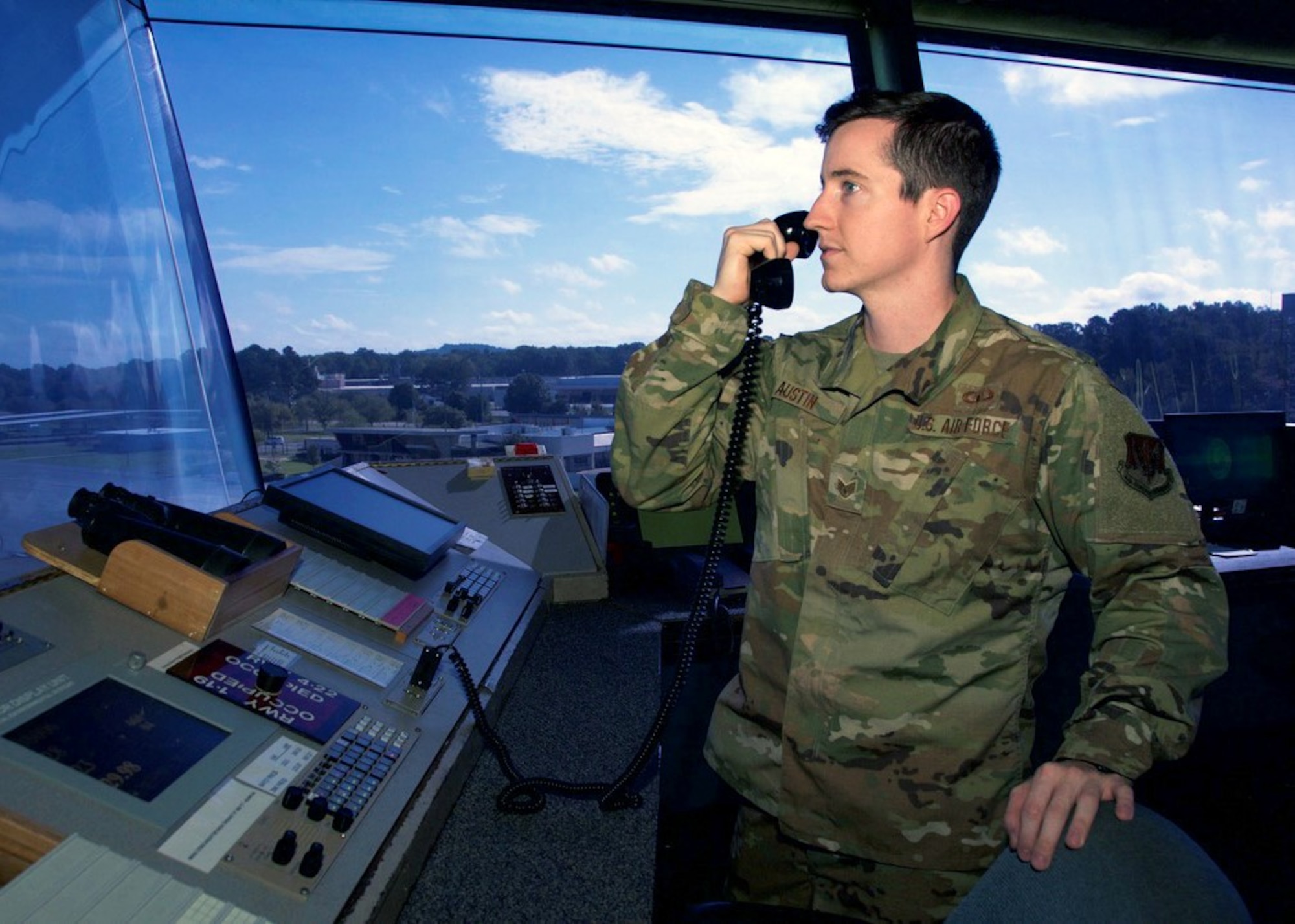 Staff Sgt. Kyle Austin, an air traffic controller with the 248th Air Traffic Control Squadron (ATCS), communicates with an aircraft at Key Field Air National Guard Base, Meridian, Mississippi, Sep. 12, 2020.