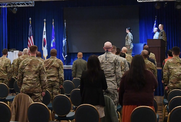 Members of the 18th Intelligence Squadron Detachment 2 transitioned into the U.S. Space Force during a ceremony at Osan Air Base, Republic of Korea, Nov. 5, 2020. The squadron is assigned to Space Delta 7 Peterson Garrison, Colorado as part of the 73rd Intelligence, Surveillance and Reconnaissance Squadron. (U.S. Air Force photo by Senior Airman Noah Sudolcan)