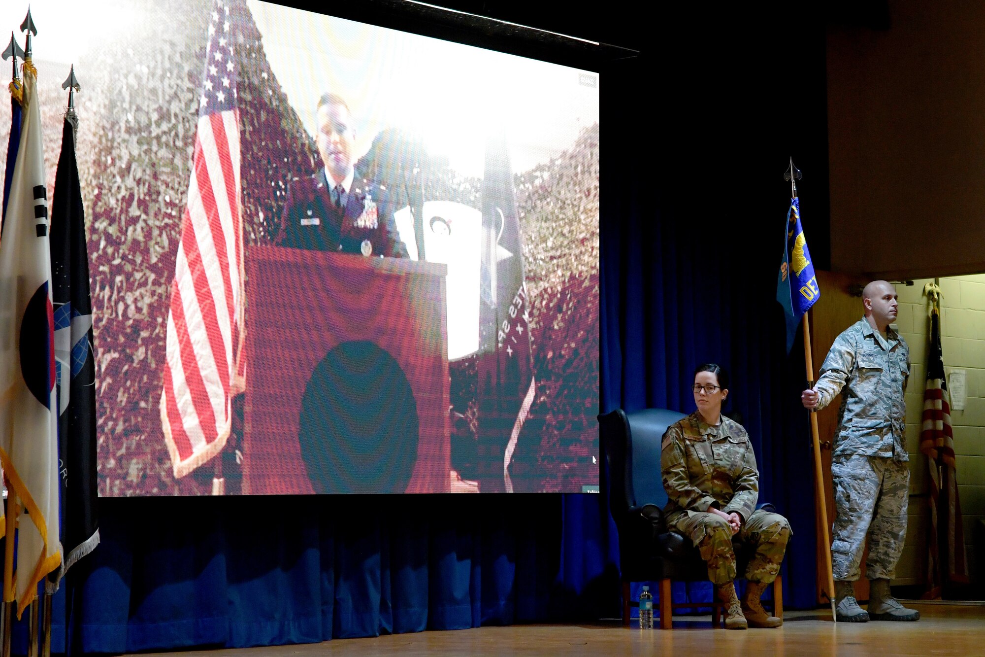 U.S. Space Force Lt. Col. Nathaniel Peace, 73rd Intelligence, Surveillance and Reconnaissance Squadron commander, speaks during a transition ceremony at Osan Air Base, Republic of Korea, Nov. 5, 2020. Formerly known as Detachment 2 of the 18th IS, newly formed as Detachment 2 of the 73rd ISRS U.S. Space Force serves under Colorado’s Space Delta 7 Peterson Garrison. (U.S. Air Force photo by Senior Airman Noah Sudolcan)