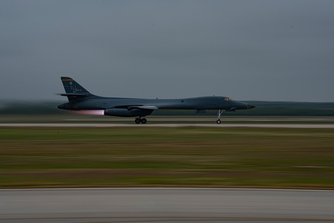 A B-1B Lancer takes off at Dyess Air Force Base, Texas, Oct. 19, 2020. The multi-mission B-1 is capable of carrying the largest payload of both guided and unguided conventional weapons in the U.S. Air Force inventory. (U.S. Air Force photo by Airman 1st Class Colin Hollowell)