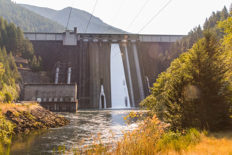 U.S. Army Corps of Engineers managers also adjust operations, when water levels make it possible, by releasing water through Detroit Dam’s spillways during summer months to make downstream water temperatures and habitat better for salmon survival. (U.S. Army photo by Jeremy Bell).