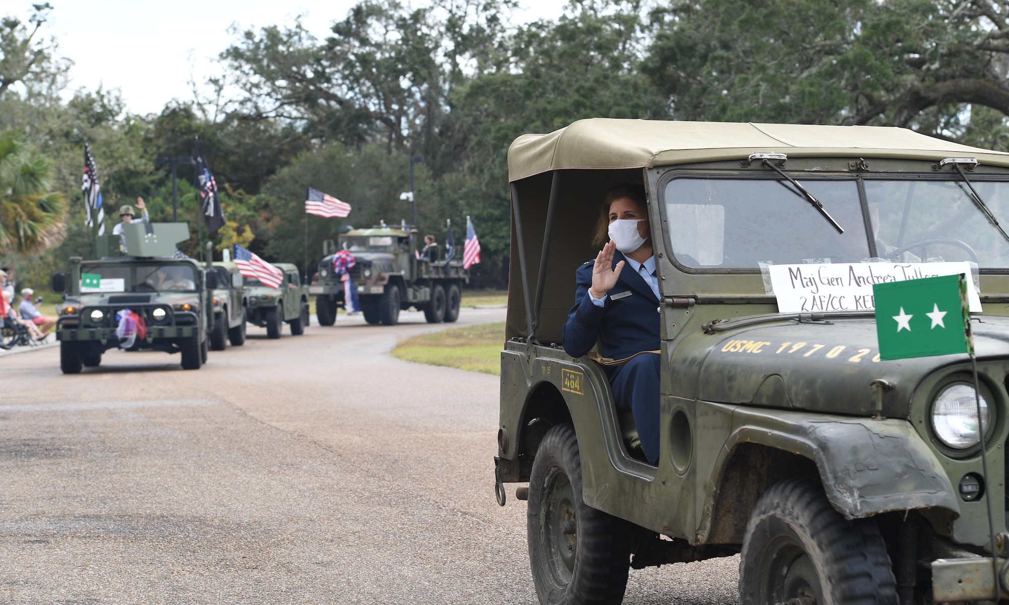 U.S. Air Force Maj. Gen. Andrea Tullos, Second Air Force commander, waves to veterans during the Gulf Coast Veteran's Day Roll-Thru and Wave Parade outside the Armed Forces Retirement Home at Gulfport, Mississippi, Nov. 7, 2020. Keesler Air Force Base leadership participated in the parade in support of all veterans past and present. (U.S. Air Force photo by Kemberly Groue)
