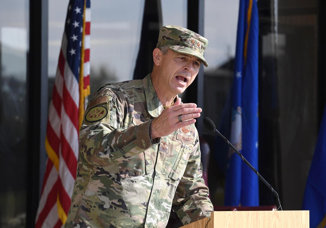 U.S. Air Force Maj. Gen. Craig Wills, Nineteenth Air Force commander, Joint Base San Antonio-Randolph, Texas, delivers remarks during the final basic military training graduation ceremony on the Levitow Training Support Facility drill pad at Keesler Air Force Base, Mississippi, Nov. 6, 2020. Nearly 60 trainees from the 37th Training Wing Detachment 5 completed the six-week BMT course. Throughout the duration of BMT training at Keesler, 18 flights and 939 Airmen graduated. (U.S. Air Force photo by Kemberly Groue)