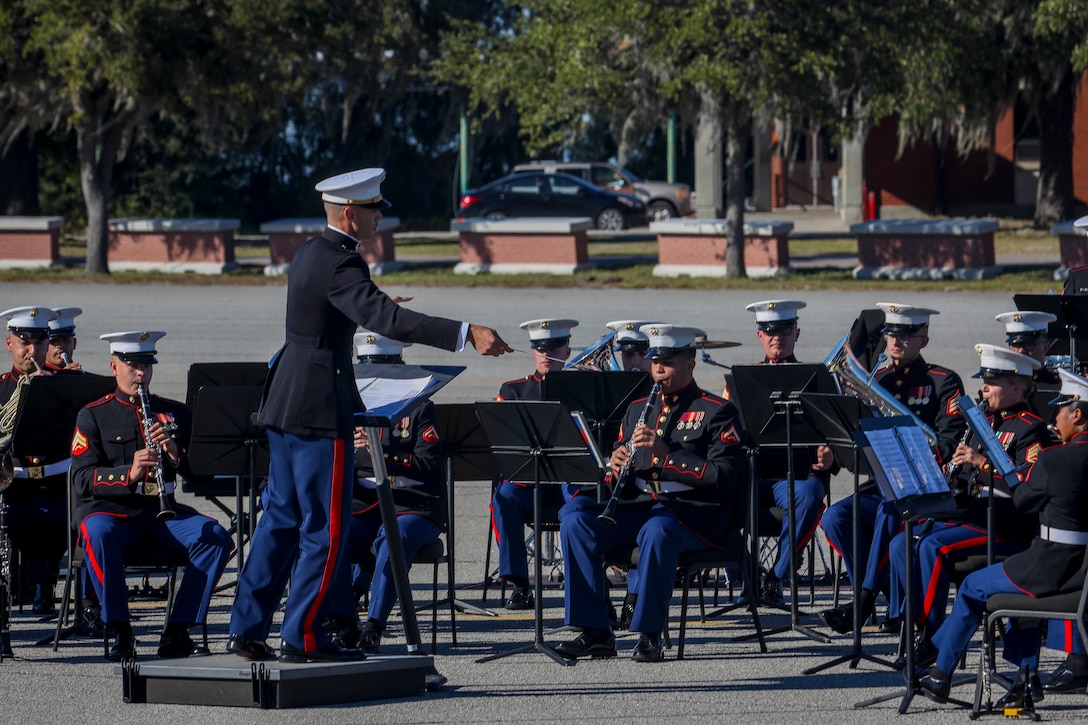 The Parris Island Marine Band performs during the annual Marine Corps Recruit Depot Parris Island Birthday Pageant at the Peatross Parade Deck aboard MCRDPI, S.C., Nov. 4.