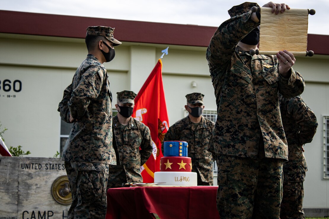 U.S. Marines conduct a cake cutting ceremony on Camp Hansen, Okinawa, Japan, Nov. 9.
