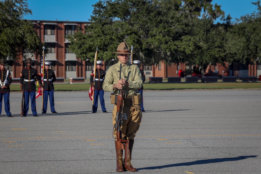 U.S. Marines reenact Marines from the past during the annual MCRDPI Birthday Pageant at the All Peatross Parade Deck aboard MCRDPI, S.C., Nov. 4.