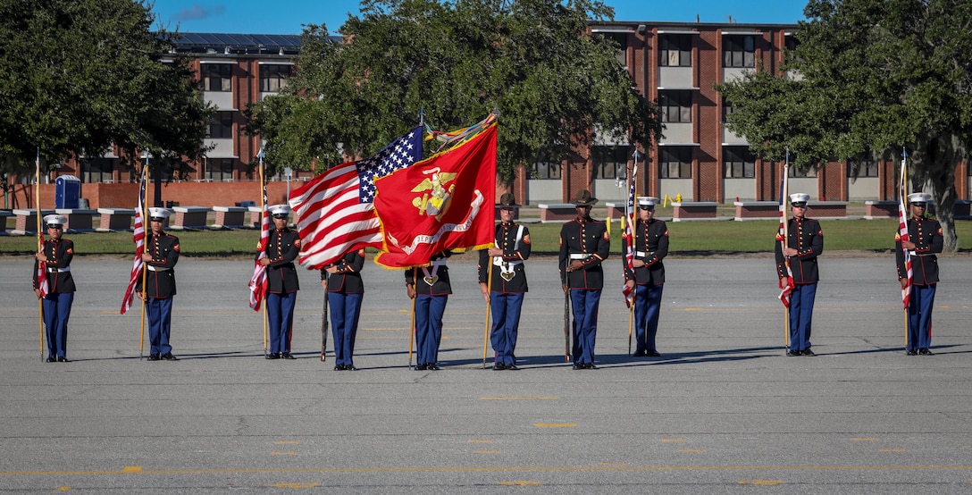 U.S. Marines reenact Marines from the past during the annual MCRDPI Birthday Pageant at the All Peatross Parade Deck aboard MCRDPI, S.C., Nov. 4.