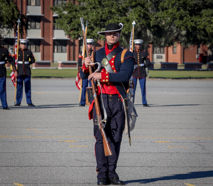U.S. Marines reenact Marines from the past during the annual MCRDPI Birthday Pageant at the All Peatross Parade Deck aboard MCRDPI, S.C., Nov. 4.