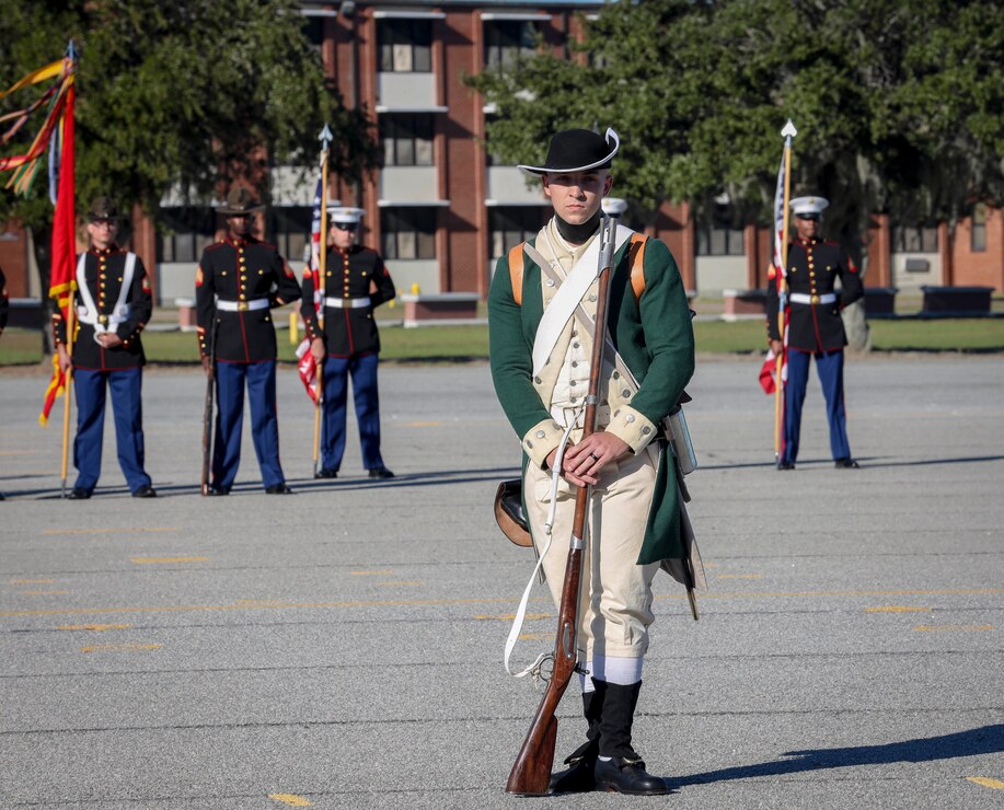 U.S. Marines reenact Marines from the past during the annual MCRDPI Birthday Pageant at the All Peatross Parade Deck aboard MCRDPI, S.C., Nov. 4.