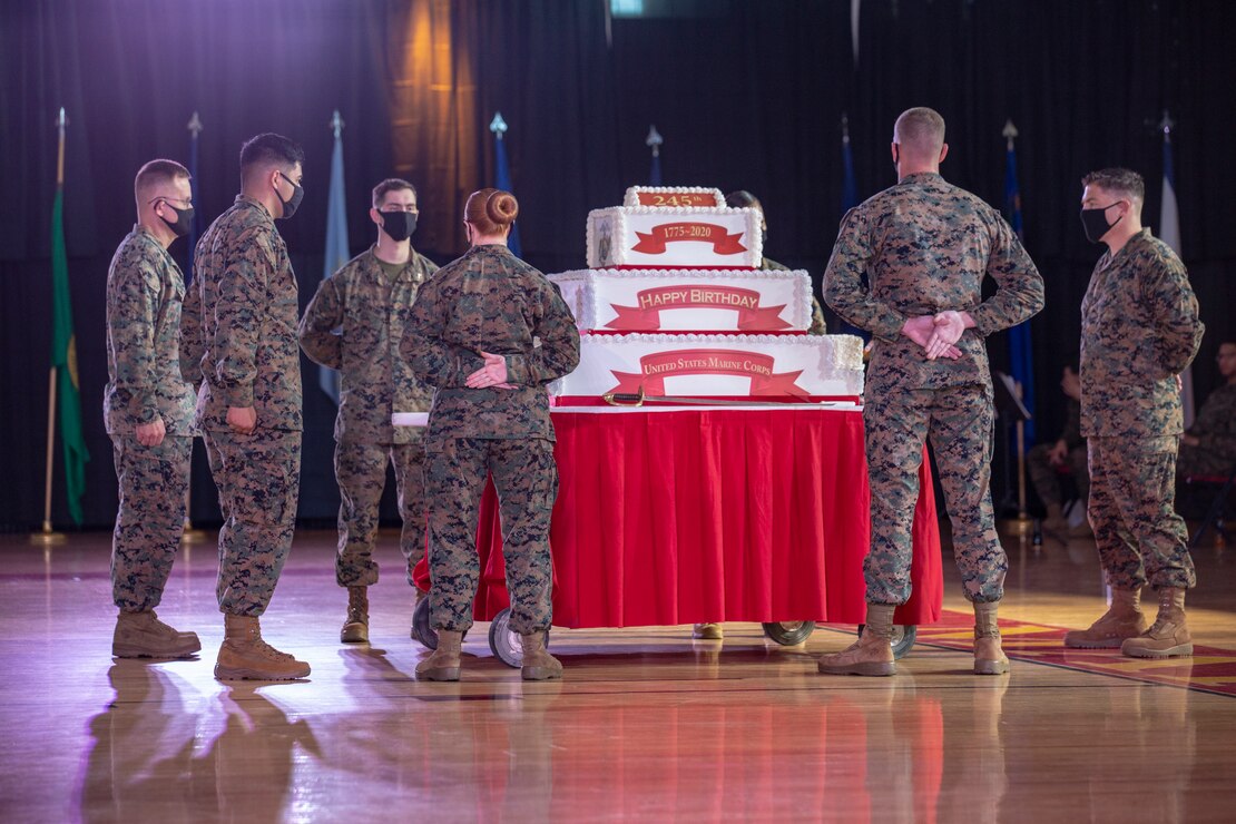 U.S. Marines participate in the 245th Marine Corps Birthday cake cutting ceremony at the Goettge Memorial Field House on MCB Camp Lejeune, N.C., Nov. 5.