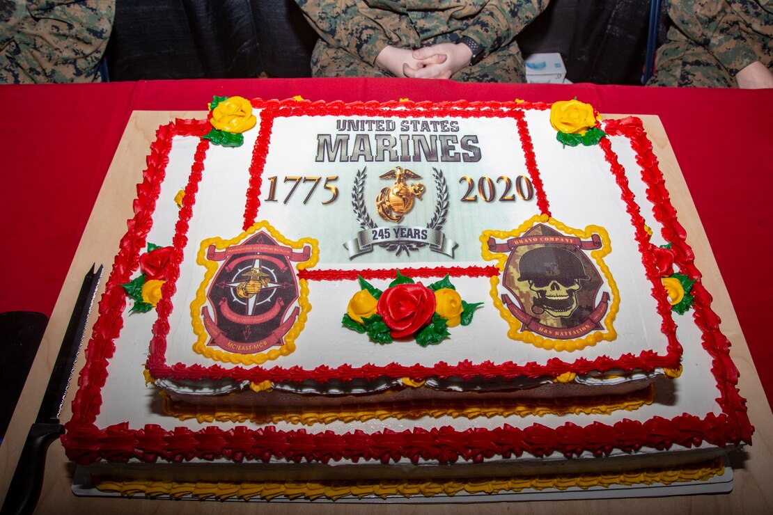 U.S. Marines celebrate the 245th Marine Corps Birthday with a cake cutting ceremony at the Goettge Memorial Field House on MCB Camp Lejeune, North Carolina, Nov. 5.