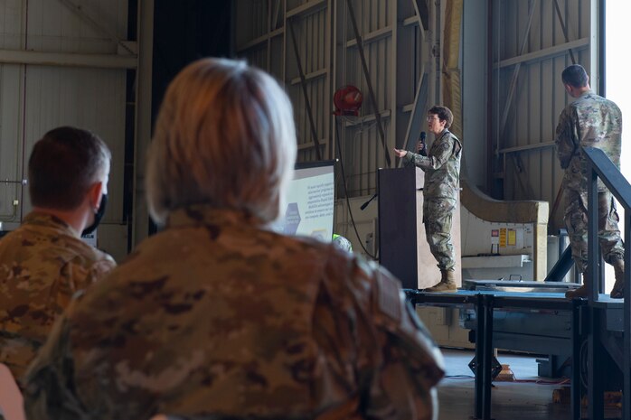 Gen. Jacqueline Van Ovost, Air Mobility Command commander, speaks at an all call at Joint Base Charleston, S.C., Nov. 5, 2020. Van Ovost, her husband Alan Frosch, and Chief Master Sgt. Brian Kruzelnick, AMC command chief, visited members of Joint Base Charleston as part of their listening tour. Their trip centered on meeting members of Team Charleston, highlighting their accomplishments and learning about their specific mission sets.