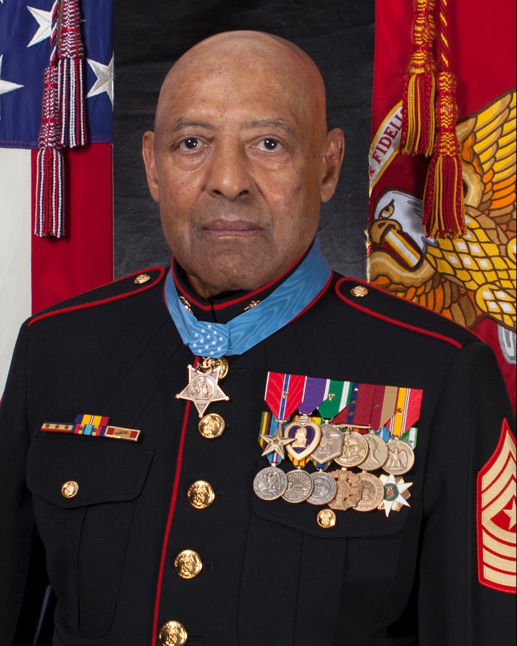 Retired U.S. Marine Corps Sgt.Maj John L. Canley, the 300th Marine Medal of Honor recipient, poses for a command board photo at the Pentagon in Arlington, Virginia, Oct. 18, 2018.