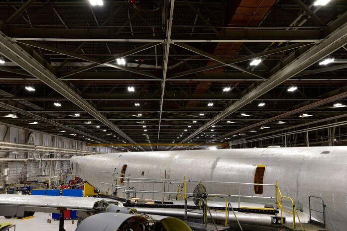 This view from Docks 9-12 in Building 3001 shows a 1958 model KC-135 in for programmed depot maintenance.