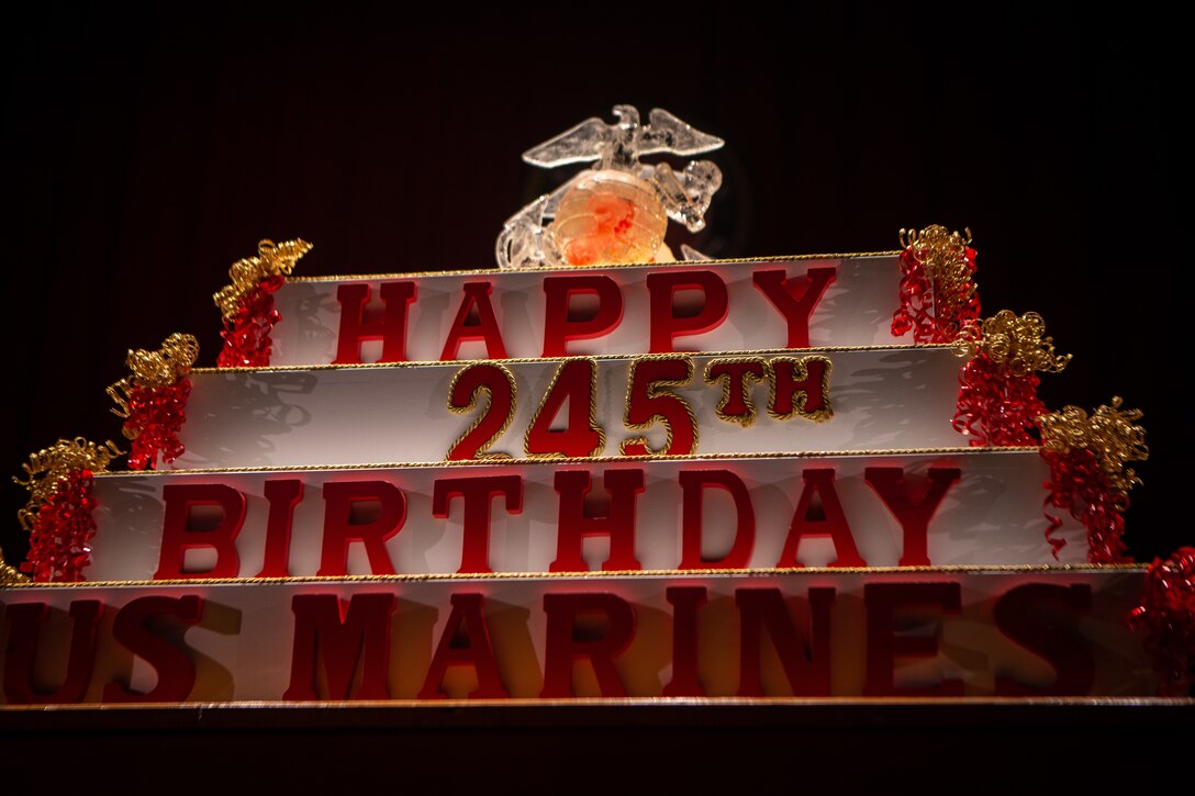 U.S. Marines display the traditional birthday cake during the Marine Corps birthday pageant at the Pendleton Theater & Training Center on MCB Camp Pendleton, Calif., Nov. 9.